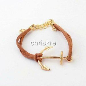 Suede Nautical Anchor Bracelet Island Ship Boat Leather Adjustable Gold Brown